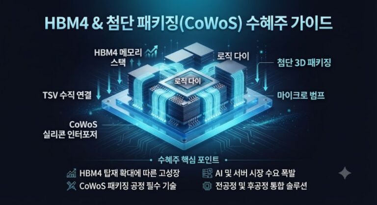 HBM4와 첨단 패키징(CoWoS) 기술 변화 및 수혜주 가이드 인포그래픽