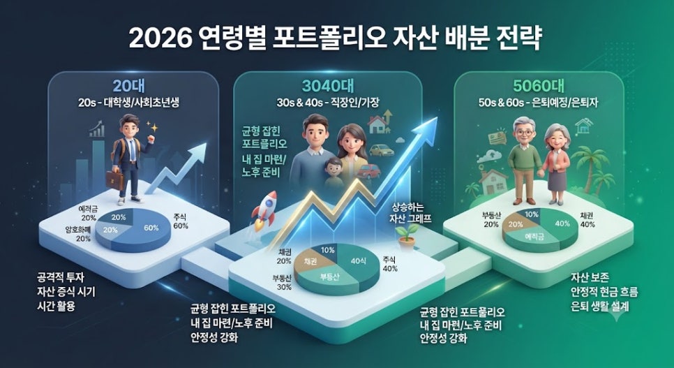 2026년 주식 투자 초보를 위한 연령별 포트폴리오 자산 배분 전략 인포그래픽