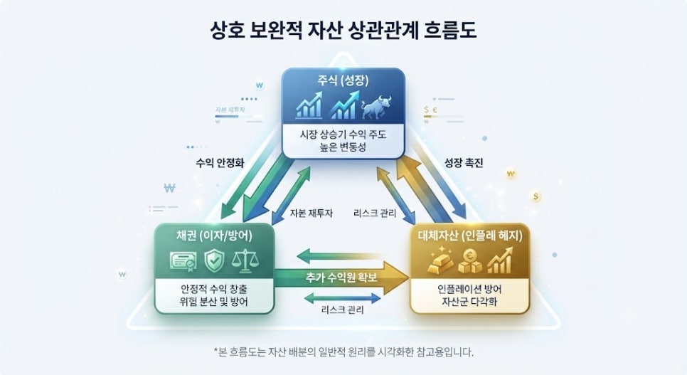고수들이 말하는 2026 재테크 핵심: 고금리 시대 살아남는 자산배분 26 고금리 시대 자산군별 상관관계 및 포트폴리오 방어 메커니즘 흐름도