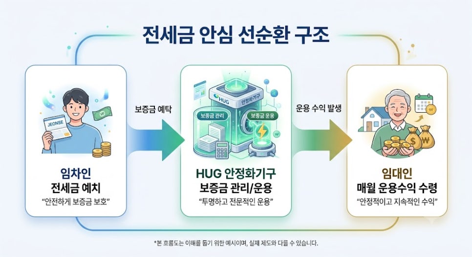 전월세 안심신탁 임대인·임차인·HUG 3자간 보증금 흐름 및 운용 구조도