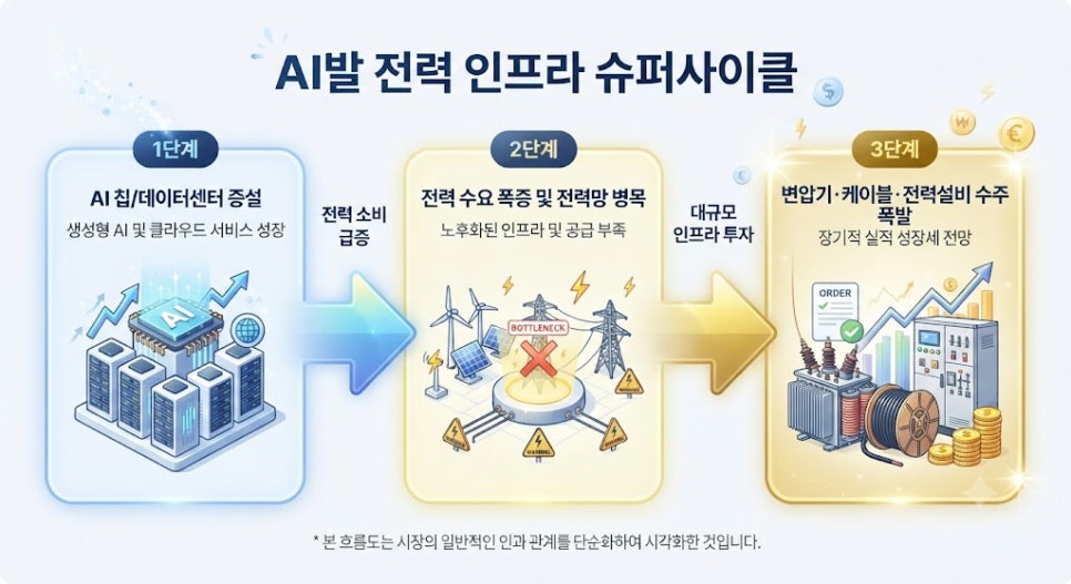 AI 데이터센터 전력 소모 구조 및 전력 인프라 밸류체인 연결도