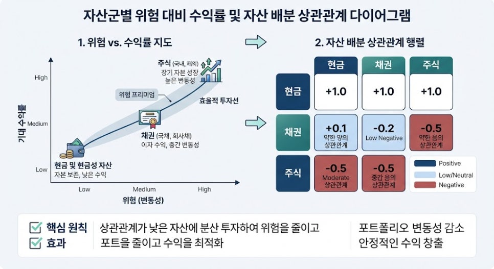 2026년 주식 투자 초보를 위한 연령별 포트폴리오 자산 배분 전략 2 자산 배분 핵심 원리 및 자산군별 위험-수익 구조도