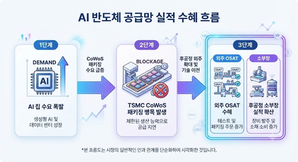 TSMC CoWoS 병목 현상 및 공급망 뒷단(OSAT/소부장)으로의 수혜 확산 구조도