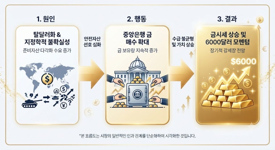 국제 금시세 상승 메커니즘 및 6000달러 도달 시나리오 흐름도