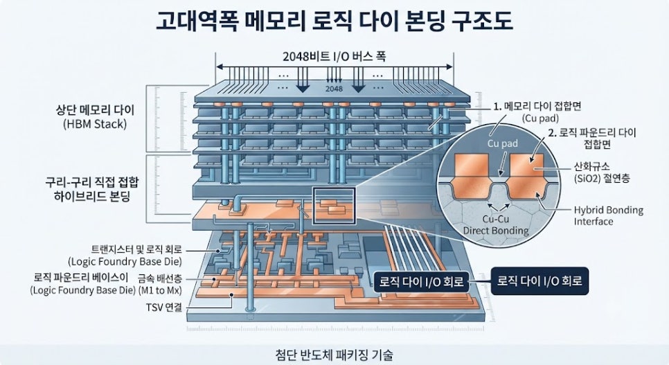 HBM4 2048비트 버스 폭 및 CoWoS 하이브리드 본딩 구조도