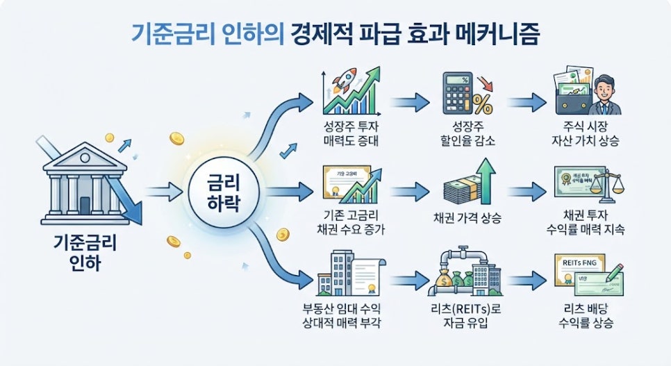 금리 인하 시 자산군별 가격 변동 및 유동성 이동 메커니즘 구조도