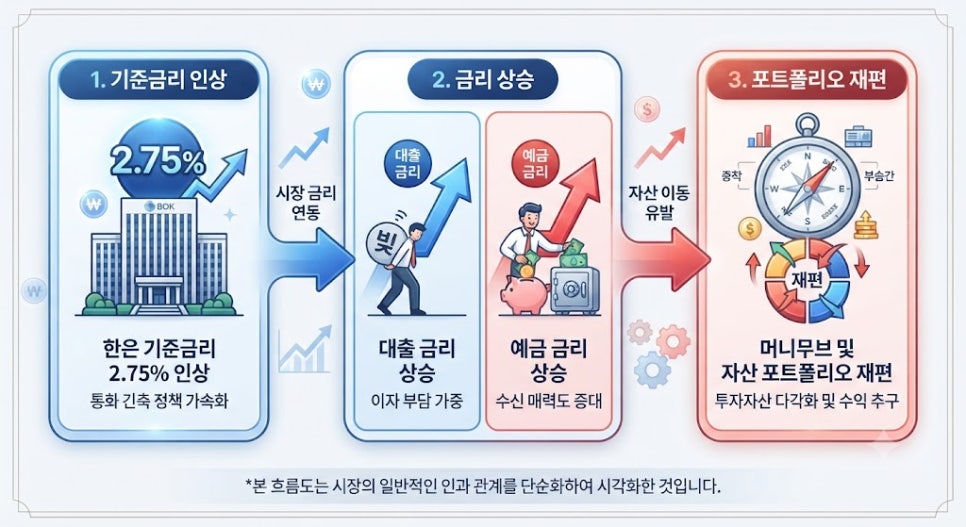 한국은행 기준금리 인상에 따른 자산 시장 파급 효과 및 머니무브 흐름도