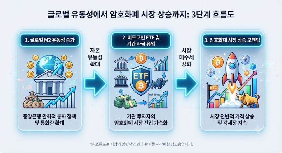 글로벌 M2 유동성 추이와 비트코인 가격 간 상관관계 흐름도