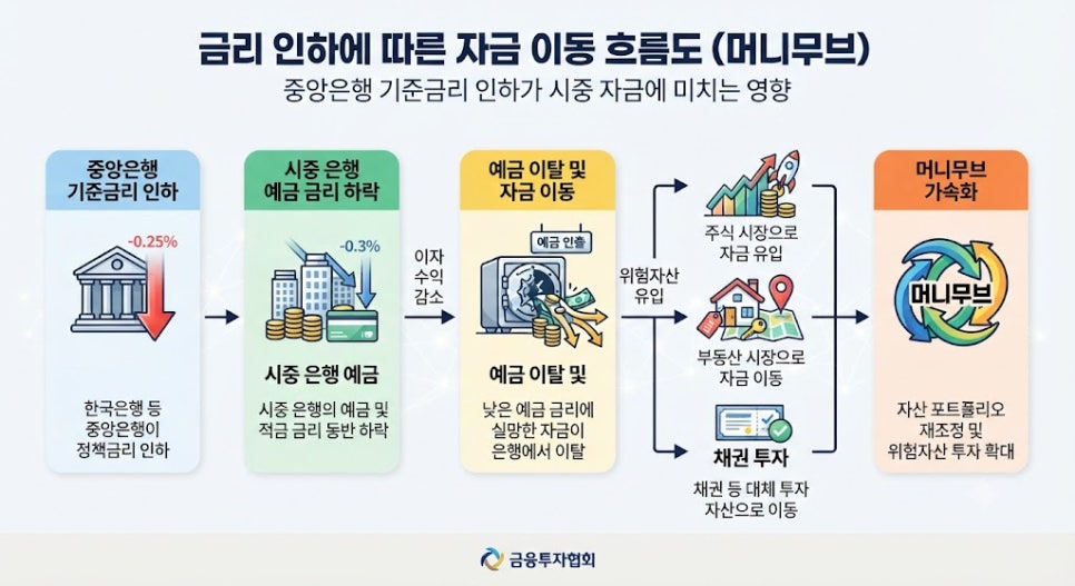 금리 인하 영향 완벽 분석|내 예금·대출·주식·부동산은 어떻게 달라질까? 2 기준금리 인하에 따른 자금 이동(머니무브) 메커니즘 구조도