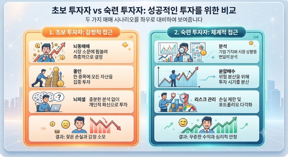 초보 투자자와 숙련 투자자의 매매 시나리오 비교 인포그래픽