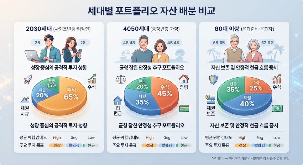 주식 투자 초보를 위한 연령별 포트폴리오 자산 배분 전략(2) 3 연령대별 포트폴리오 비중 비교 인포그래픽