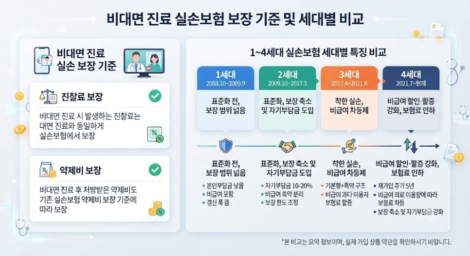 2026년 실손보험 개편안 및 비대면 진료 보장 범위 총정리 3 2026 비대면 진료 실손 보장 요건 및 세대별 비교 인포그래픽