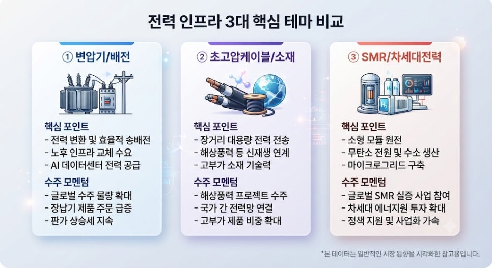 전력 인프라 3대 핵심 테마(변압기, 케이블, 차세대전력원) 인포그래픽