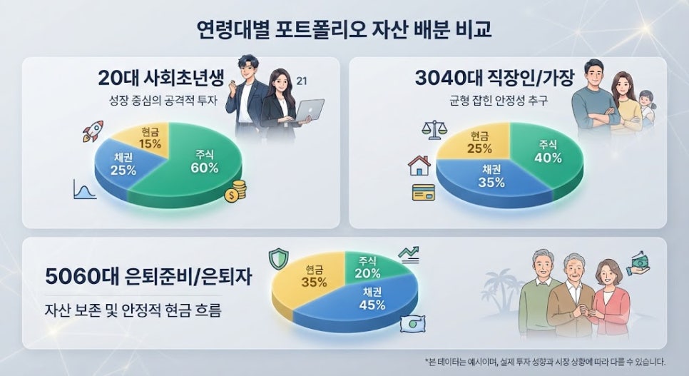 2026년 주식 투자 초보를 위한 연령별 포트폴리오 자산 배분 전략 3 연령대별 포트폴리오 자산 배분 비중 비교 인포그래픽