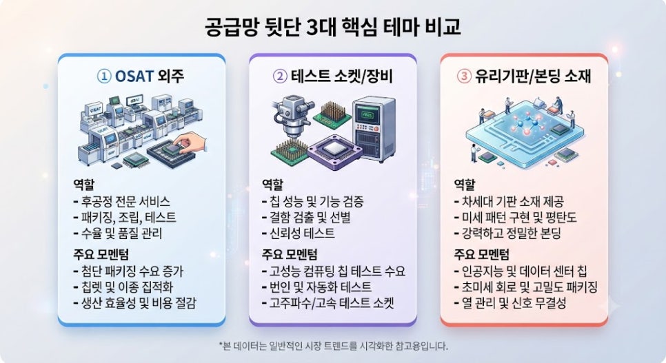 TSMC 공급망 뒷단 3대 핵심 테마 및 관련 밸류체인 인포그래픽