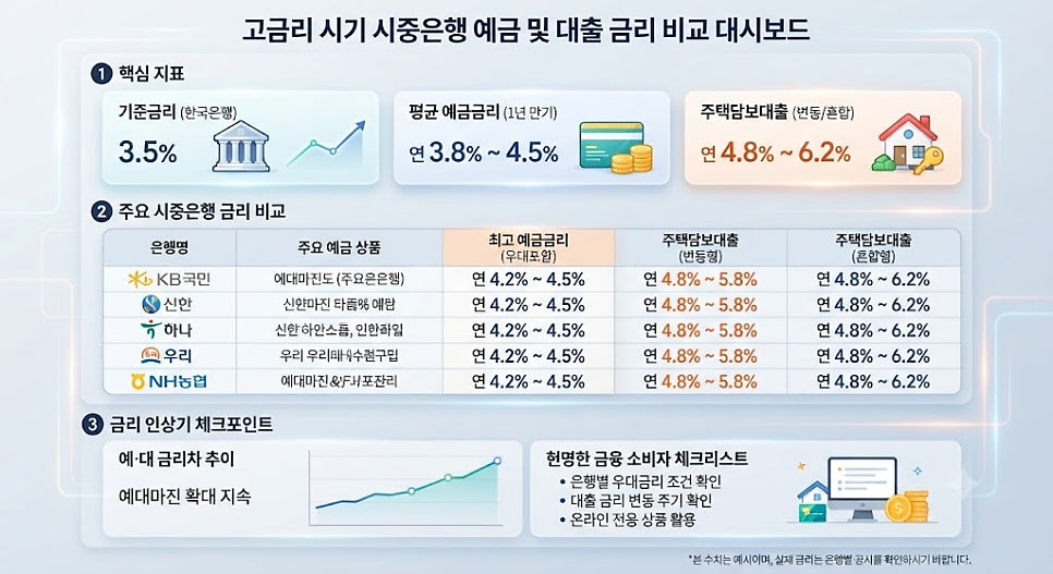 2026년 한국은행 기준금리 전망 및 시중은행 금리 추이 분석 3 2026 시중은행 예금 및 대출 금리 변화 추이 비교 인포그래픽
