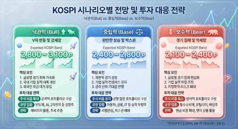 2026 코스피 시나리오별 목표 밴드 및 대응 전략 비교 인포그래픽