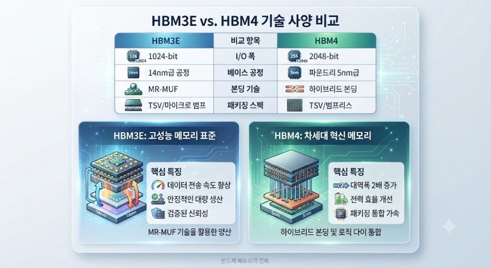 HBM3E vs HBM4 세대별 스펙 및 패키징 기술 비교 인포그래픽