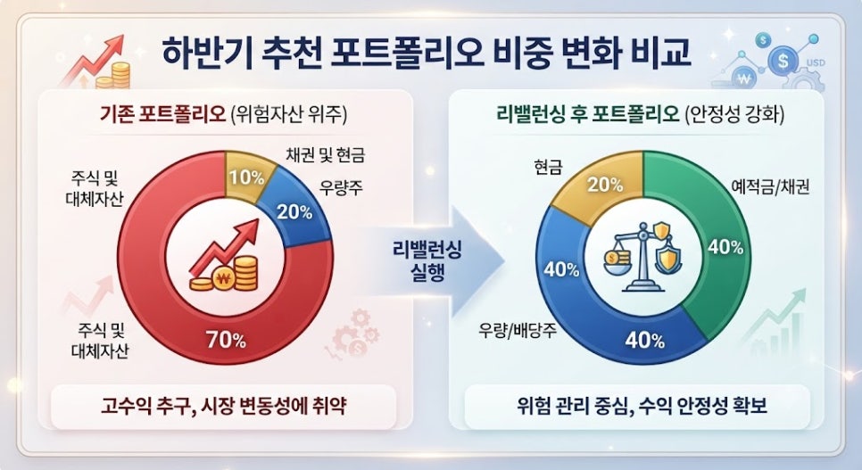 하반기 포트폴리오 자산배분 비중 변화 및 리밸런싱 파이 차트
