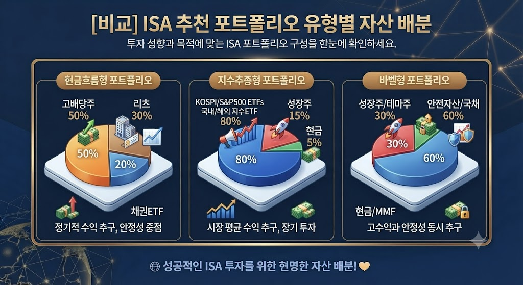 ISA 계좌 활용법. SA 계좌 성향별 추천 포트폴리오 비중 비교 인포그래픽