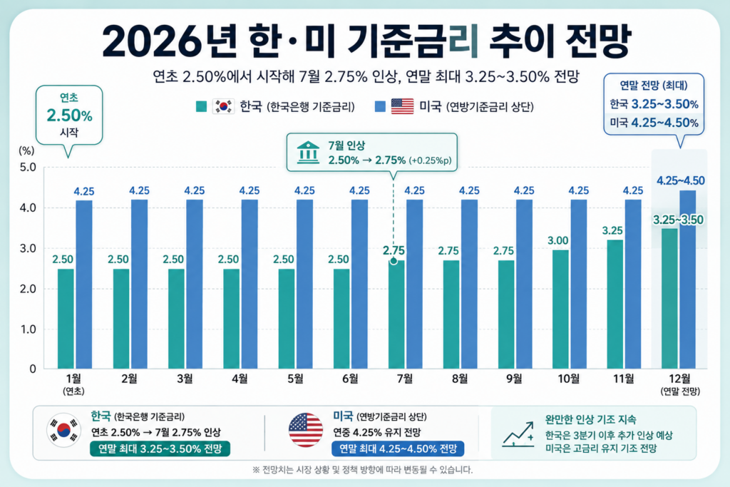 2026년 금리 전망 한국은행 전격 인상, 내 대출 이자 변동 총정리 2 2026년 금리 전망 한미 기준금리 추이 그래프