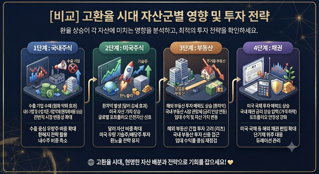 고환율 국면 자산군별 영향 및 투자 전략 대시보드 그래픽