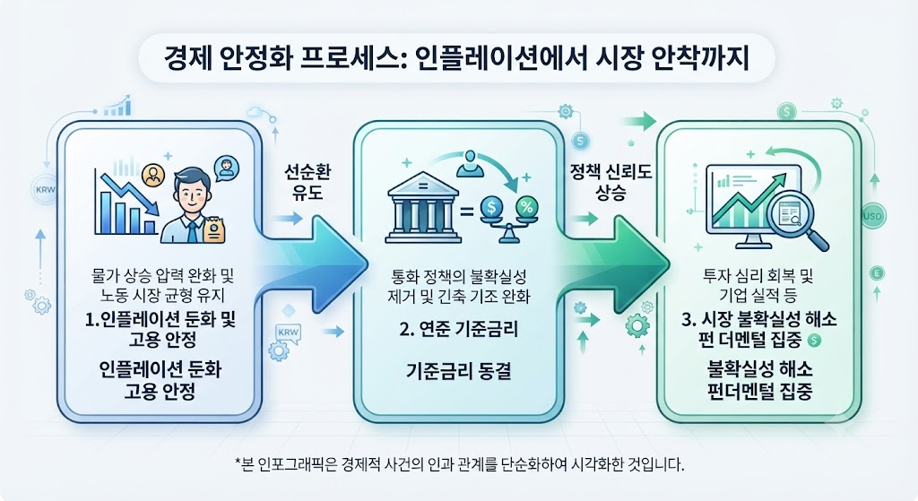 미국 인플레이션 추이 및 연준 기준금리 동결 메커니즘 흐름도
