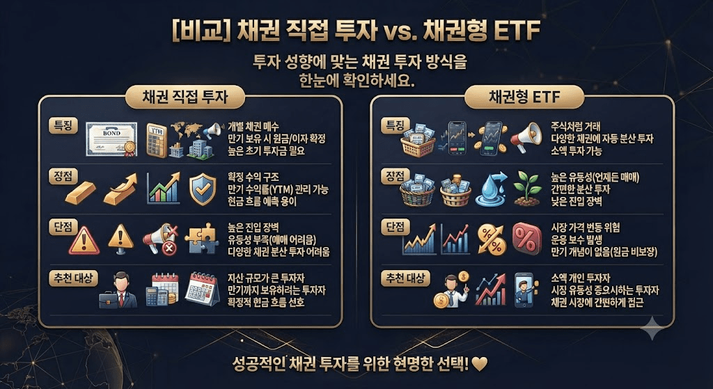 채권 직접 투자 vs 채권형 ETF 비교 인포그래픽