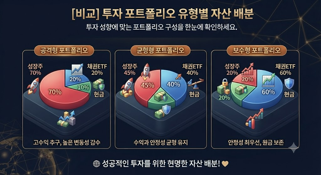 금리 인하 수혜주와 성장주 및 채권 ETF 포트폴리오 비중 비교 인포그래픽