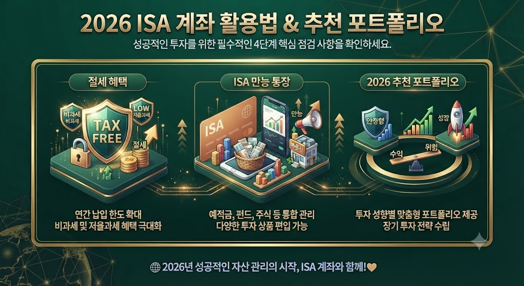 2026년 절세 필수템 ISA 계좌 활용법 및 추천 포트폴리오 인포그래픽