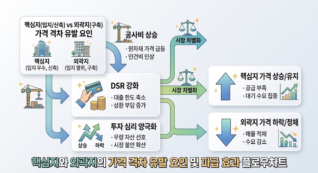 부동산 시장 양극화 원인 및 입지별 자산 가격 격차 메커니즘 구조도