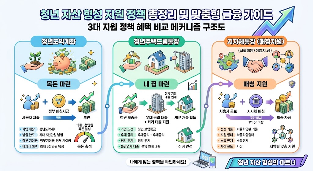 청년 자산 형성 지원 정책별 지원 혜택 및 목돈 마련 구조도