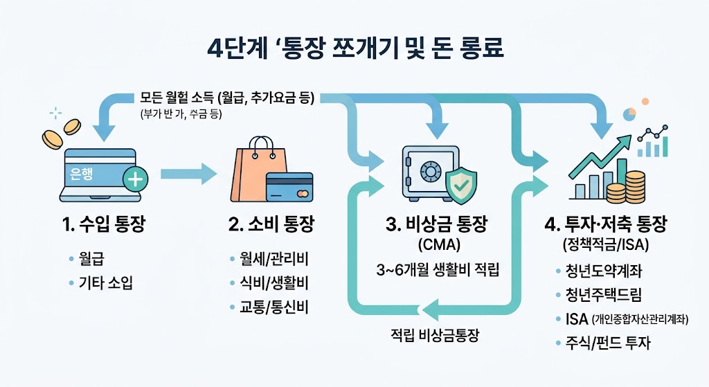 청년층 소득대비 자산 배분 포트폴리오 및 금융 플랜 대시보드 2 청년층 소득대비 4단계 통장 쪼개기 및 자금 흐름 구조도