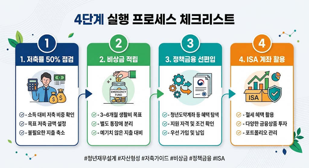 청년층 소득대비 자산 배분 포트폴리오 및 금융 플랜 대시보드 4 청년 자산 배분 4단계 실행 프로세스 체크리스트 카드