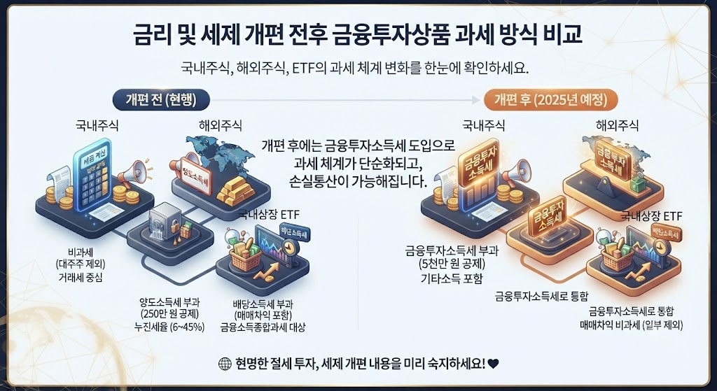 금투세 폐지 전후 국내외 주식 과세 체계 비교 구조도