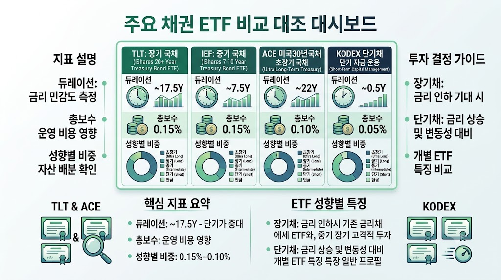 국내외 주요 채권 ETF 듀레이션 및 성향별 비교 대시보드 그래픽