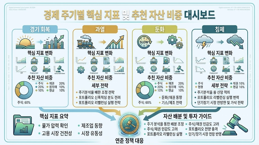 글로벌 경제 지표 모니터링 및 리스크 관리법 총정리 3 경기 국면별 경제 지표 변화 및 자산 배분 전략 대시보드 그래픽