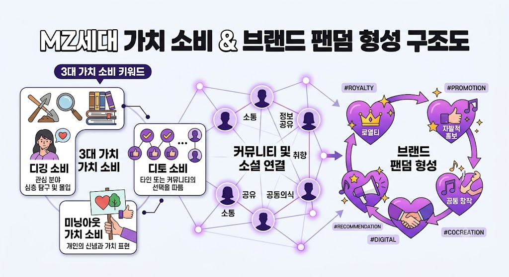 MZ세대 신소비 트렌드 분석과 팬덤 비즈니스 구축 전략 2 MZ세대 신소비 트렌드 3대 키워드 및 브랜드 연계 메커니즘 구조도