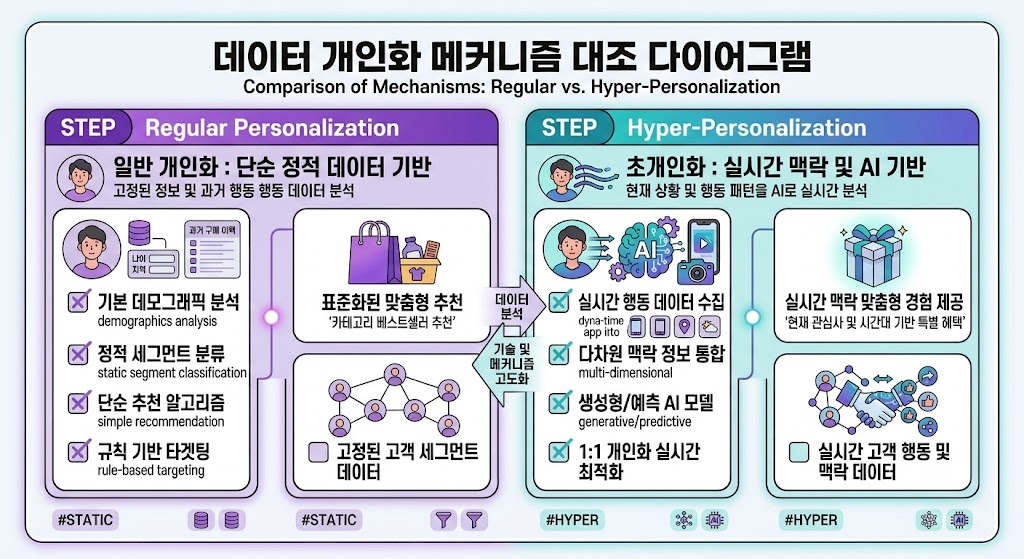 소비 트렌드 변화, 단순 개인화와 초개인화 경험 마케팅의 구조적 차이 비교 메커니즘 구조도