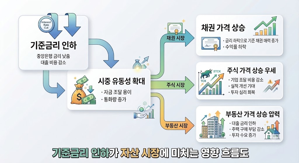 금리 인하 주기별 경제 지표 및 자산 가격 변화 메커니즘 구조도