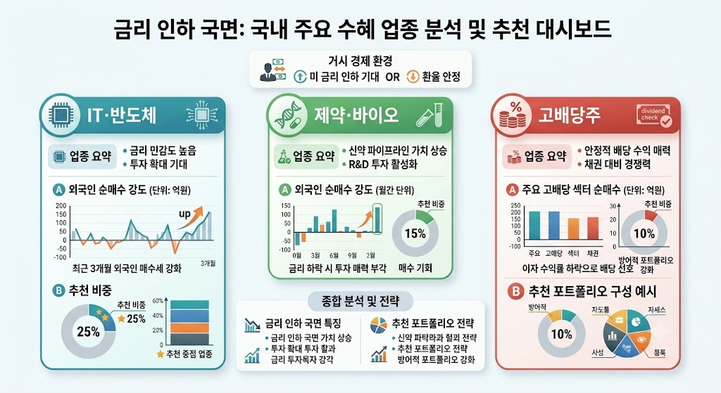 연준 통화 정책 국내 증시 영향 분석과 투자 대응 전략 3 연준 금리 인하 국면 국내 주요 업종별 수혜도 및 외국인 순매수 대시보드