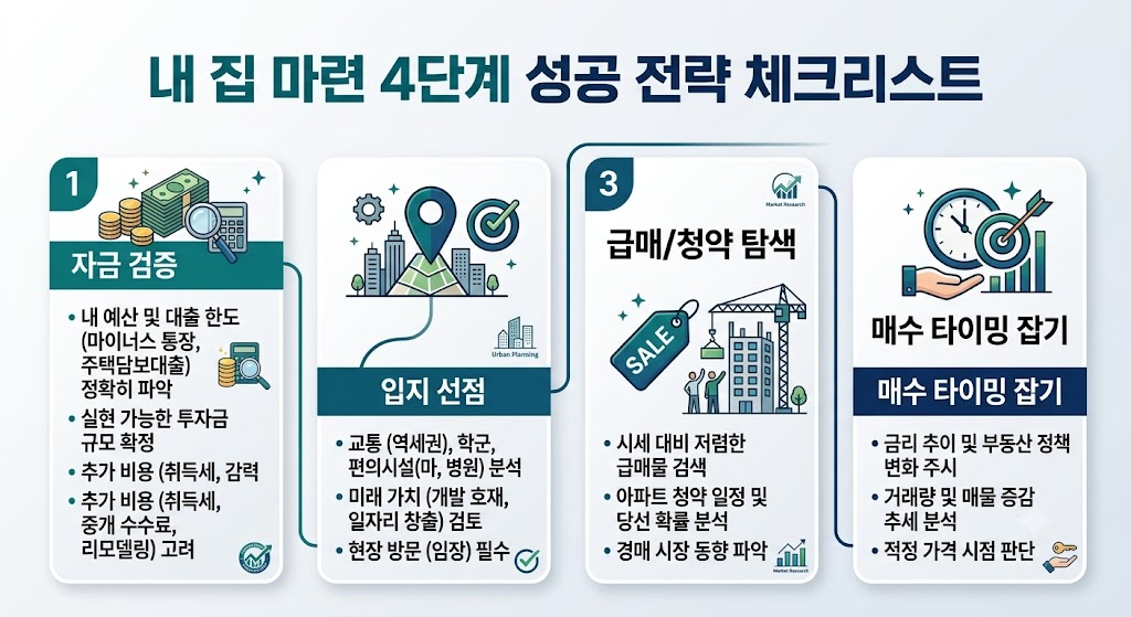 부동산 내 집 마련 4단계 실행 프로세스 체크리스트 카드