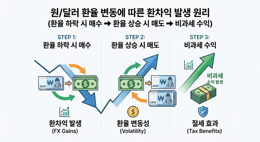 환율 변동성 대응 환차익 투자 및 리스크 관리법 2 원/달러 환율 변동에 따른 환차익 발생 원리 및 투자 수단 구조도