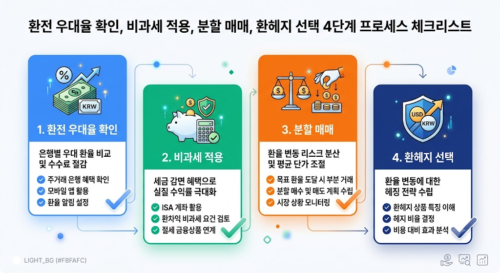 환율 변동성 대응 환차익 투자 및 리스크 관리법 4 환차익 투자 및 리스크 관리 4단계 실행 프로세스 체크리스트 카드