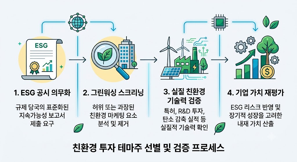ESG 경영 의무화 시대, 친환경 투자 테마주 선별 전략 2 ESG 경영 의무화, ESG 공시 의무화 및 글로벌 탄소 규제에 따른 기업 가치 재평가 구조도