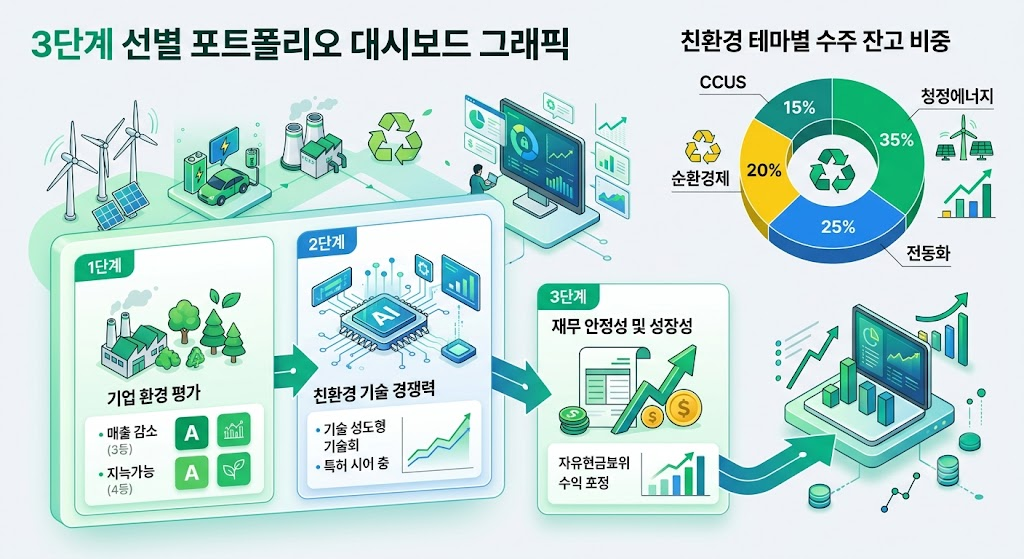 ESG 경영 의무화 시대, 친환경 투자 테마주 선별 전략 3 친환경 테마주 3단계 선별 프로세스 및 자산 배분 대시보드