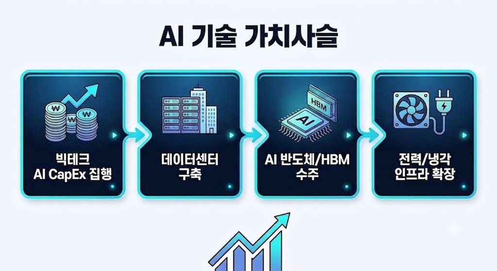빅테크 실적 발표 분석 및 반도체·AI 산업 전망 2 빅테크 AI CapEx 집행과 반도체·인프라 가치사슬 파급 구조도