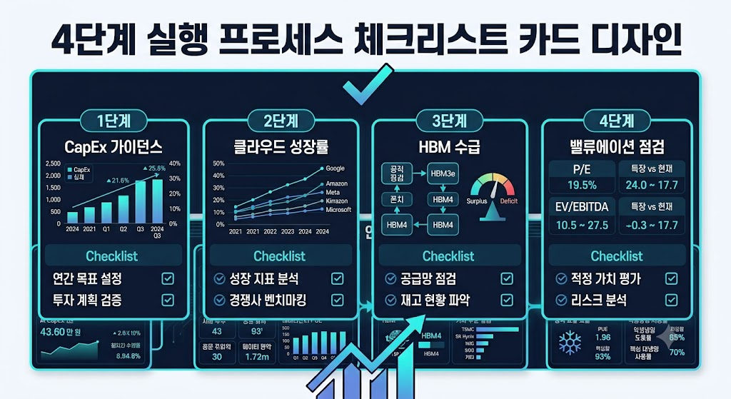 빅테크 실적 발표 분석 및 반도체·AI 산업 전망 4 빅테크 실적 분석 및 AI 투자 4단계 실행 프로세스 체크리스트 카드