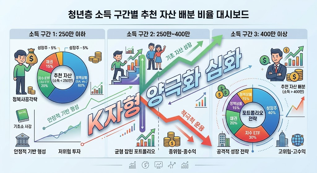 K자형 양극화 심화와 청년층 소득 대비 자산 배분 포트폴리오 전략 3 청년층 소득 구간별 자산 배분 비율 및 포트폴리오 대시보드