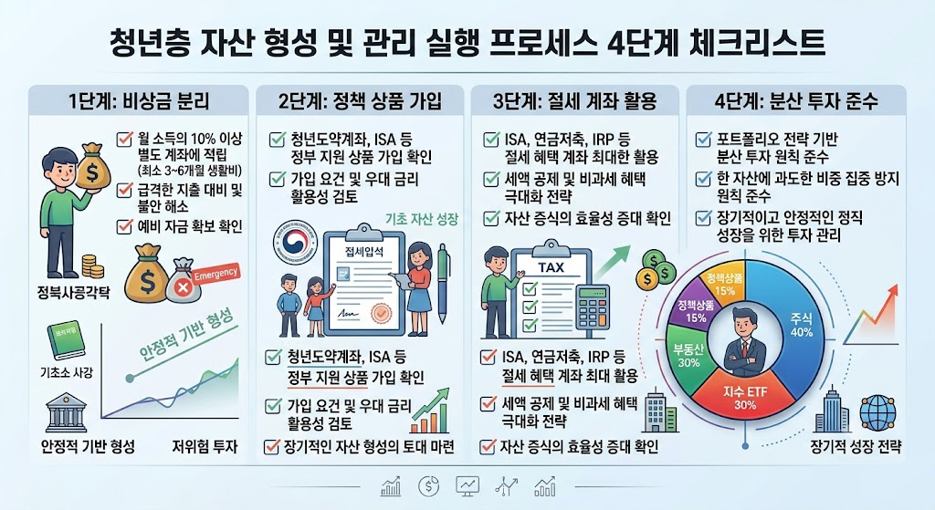 K자형 양극화 심화와 청년층 소득 대비 자산 배분 포트폴리오 전략 4 청년층 자산 배분 4단계 실행 프로세스 체크리스트 카드
